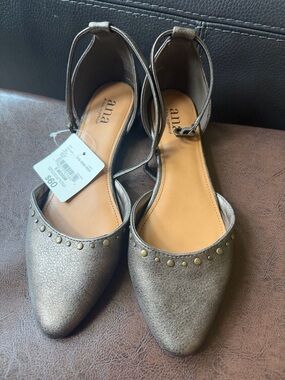 a.n.a Metallic Bronze Pointed D'Orsay Flats with Ankle Strap